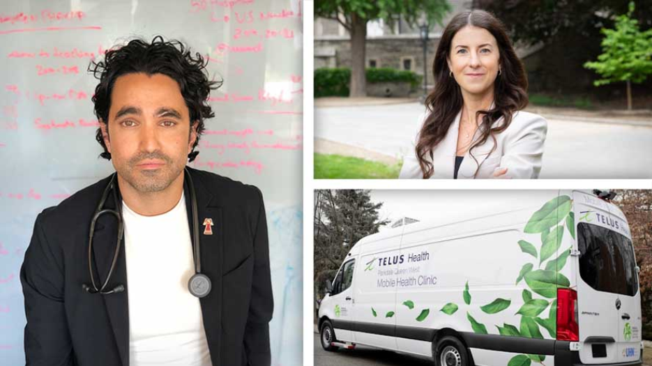 Collage of images including Dr. Boozary, Meghan O'Neill and the mobile health clinic van